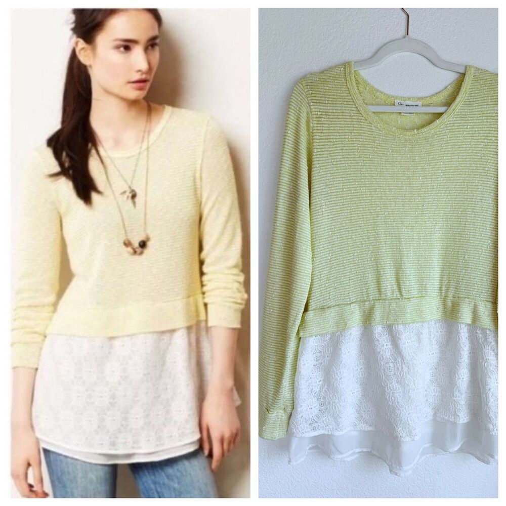 Anthropologie Clu + Willoughby Sujet Yellow & White Lace Layered Long Sleeve Top
